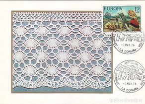 Timbres: ENCAJE DE CAMARIÑAS JORNADAS ARTESANIA TEXTIL GALLEGA, LA CORUÑA 1976. MATASELLOS RARA TARJETA. MPM.